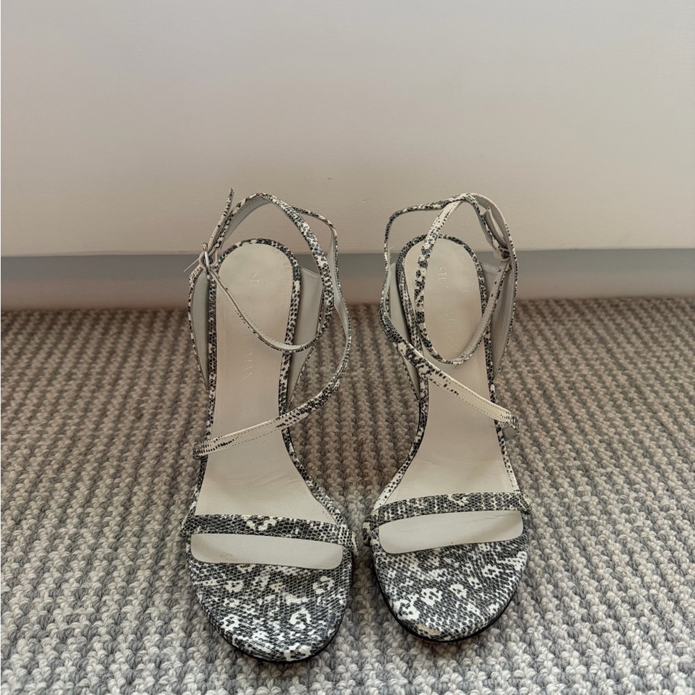 Stuart Weitzman Snake-Print Strappy Ankle-Tie Heels in Black and White